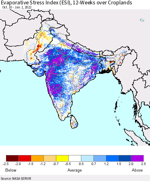 Southern Asia Evaporative Stress Index (ESI), 12-Weeks over Croplands Thematic Map For 12/27/2021 - 1/2/2022