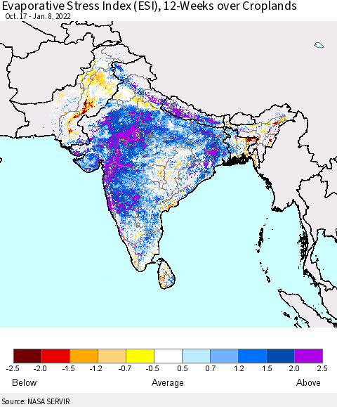 Southern Asia Evaporative Stress Index (ESI), 12-Weeks over Croplands Thematic Map For 1/3/2022 - 1/9/2022