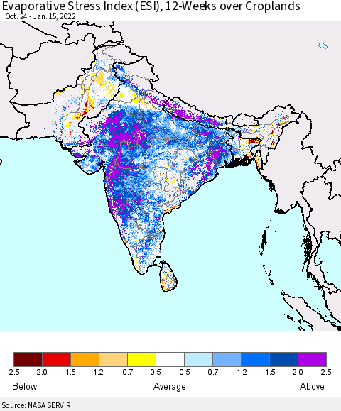 Southern Asia Evaporative Stress Index (ESI), 12-Weeks over Croplands Thematic Map For 1/10/2022 - 1/16/2022