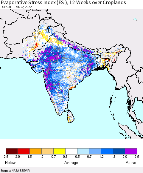 Southern Asia Evaporative Stress Index (ESI), 12-Weeks over Croplands Thematic Map For 1/17/2022 - 1/23/2022