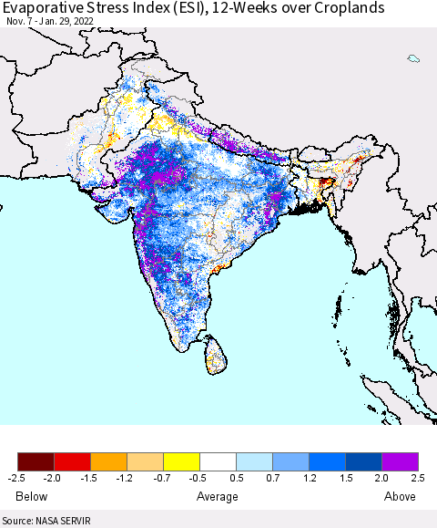 Southern Asia Evaporative Stress Index (ESI), 12-Weeks over Croplands Thematic Map For 1/24/2022 - 1/30/2022