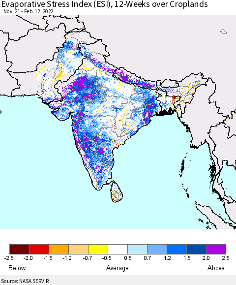 Southern Asia Evaporative Stress Index (ESI), 12-Weeks over Croplands Thematic Map For 2/7/2022 - 2/13/2022
