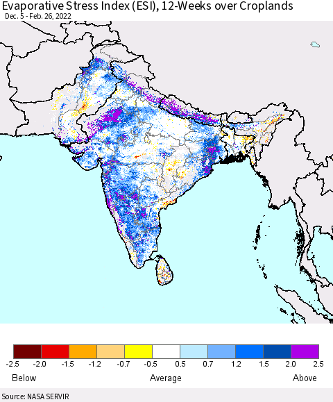 Southern Asia Evaporative Stress Index (ESI), 12-Weeks over Croplands Thematic Map For 2/21/2022 - 2/27/2022