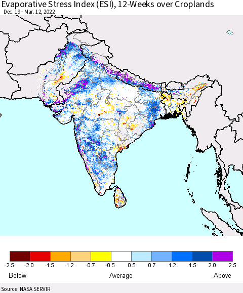 Southern Asia Evaporative Stress Index (ESI), 12-Weeks over Croplands Thematic Map For 3/7/2022 - 3/13/2022
