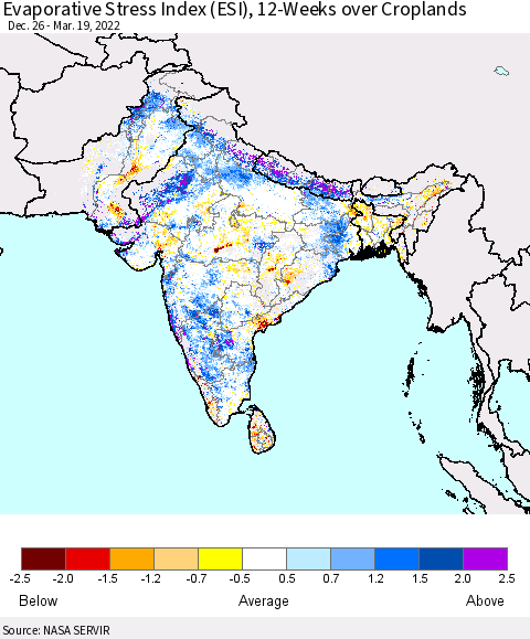 Southern Asia Evaporative Stress Index (ESI), 12-Weeks over Croplands Thematic Map For 3/14/2022 - 3/20/2022