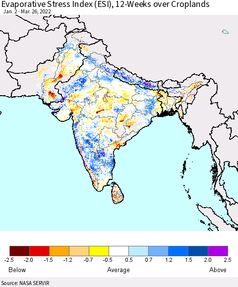 Southern Asia Evaporative Stress Index (ESI), 12-Weeks over Croplands Thematic Map For 3/21/2022 - 3/27/2022