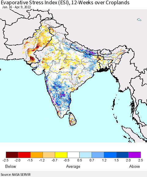 Southern Asia Evaporative Stress Index (ESI), 12-Weeks over Croplands Thematic Map For 4/4/2022 - 4/10/2022