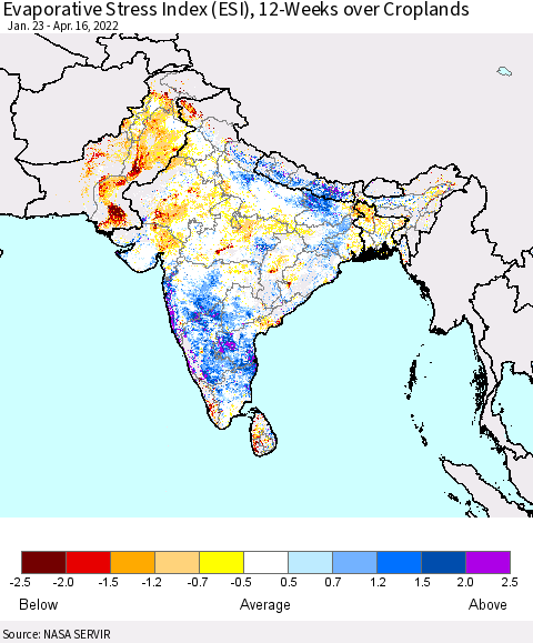 Southern Asia Evaporative Stress Index (ESI), 12-Weeks over Croplands Thematic Map For 4/11/2022 - 4/17/2022