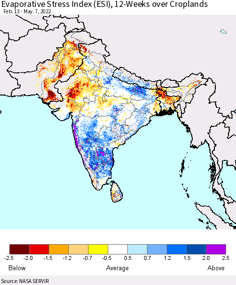 Southern Asia Evaporative Stress Index (ESI), 12-Weeks over Croplands Thematic Map For 5/2/2022 - 5/8/2022