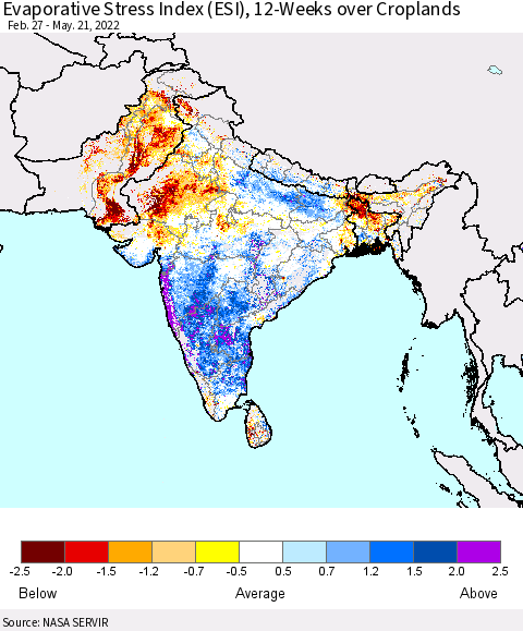 Southern Asia Evaporative Stress Index (ESI), 12-Weeks over Croplands Thematic Map For 5/16/2022 - 5/22/2022