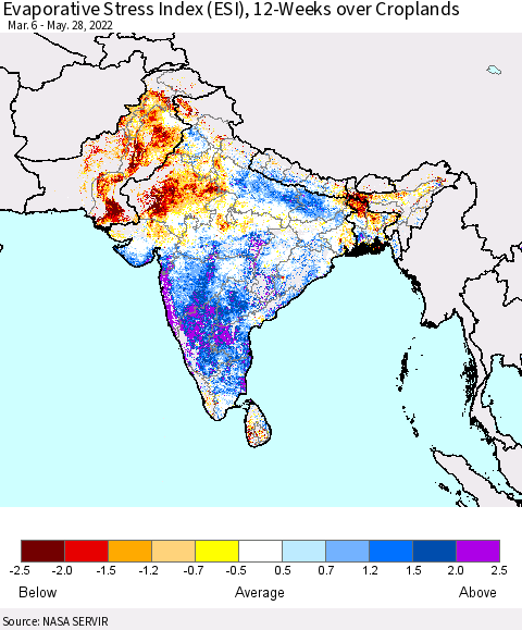 Southern Asia Evaporative Stress Index (ESI), 12-Weeks over Croplands Thematic Map For 5/23/2022 - 5/29/2022