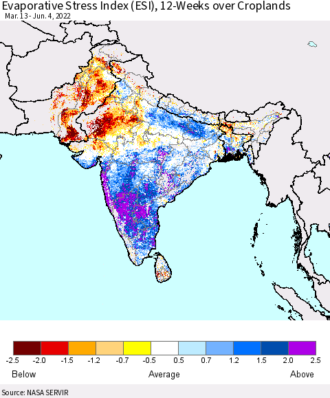 Southern Asia Evaporative Stress Index (ESI), 12-Weeks over Croplands Thematic Map For 5/30/2022 - 6/5/2022