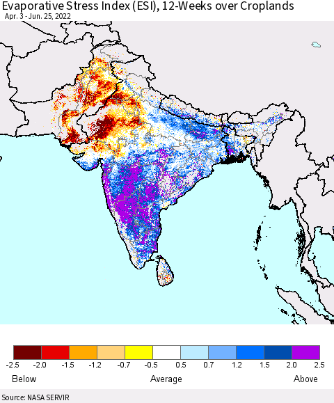 Southern Asia Evaporative Stress Index (ESI), 12-Weeks over Croplands Thematic Map For 6/20/2022 - 6/26/2022
