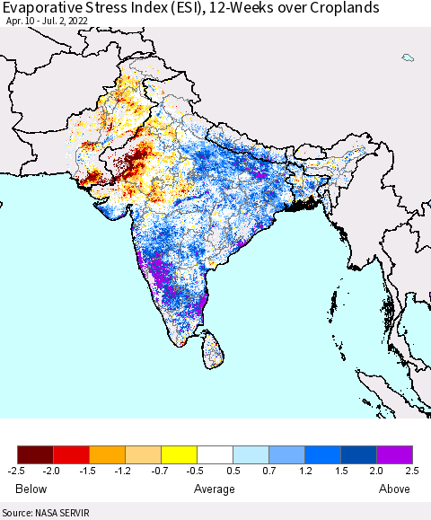 Southern Asia Evaporative Stress Index (ESI), 12-Weeks over Croplands Thematic Map For 6/27/2022 - 7/3/2022