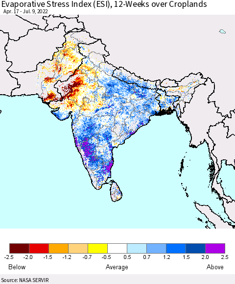 Southern Asia Evaporative Stress Index (ESI), 12-Weeks over Croplands Thematic Map For 7/4/2022 - 7/10/2022