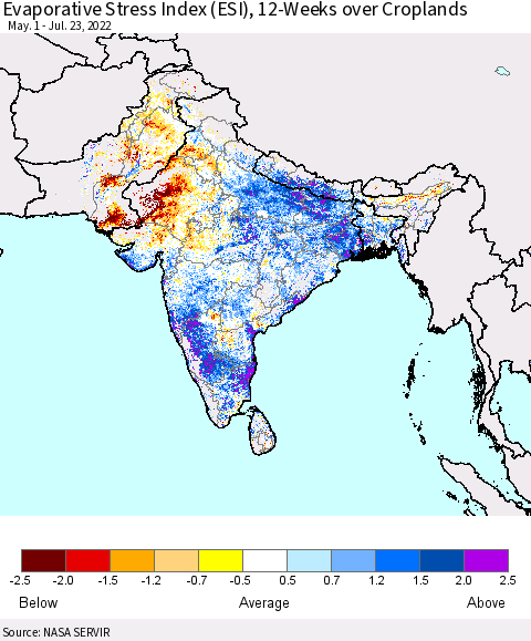 Southern Asia Evaporative Stress Index (ESI), 12-Weeks over Croplands Thematic Map For 7/18/2022 - 7/24/2022