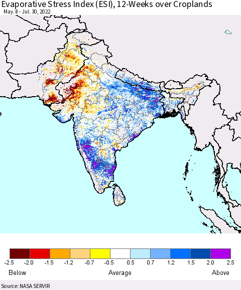 Southern Asia Evaporative Stress Index (ESI), 12-Weeks over Croplands Thematic Map For 7/25/2022 - 7/31/2022