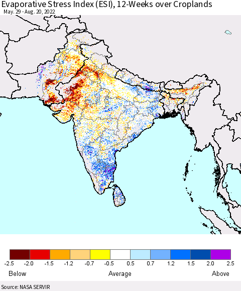 Southern Asia Evaporative Stress Index (ESI), 12-Weeks over Croplands Thematic Map For 8/15/2022 - 8/21/2022