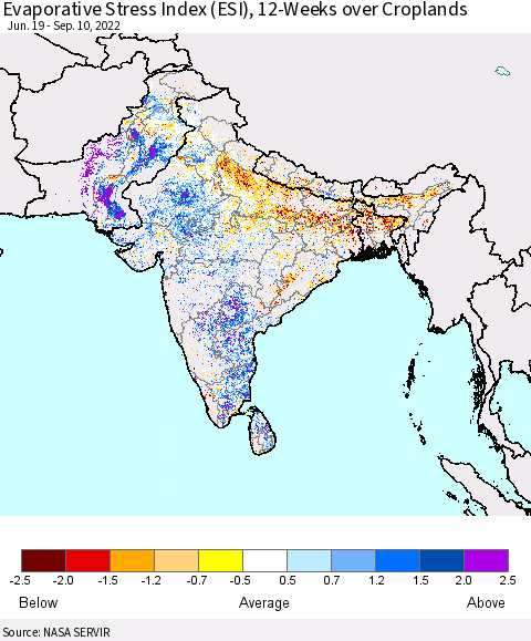 Southern Asia Evaporative Stress Index (ESI), 12-Weeks over Croplands Thematic Map For 9/5/2022 - 9/11/2022