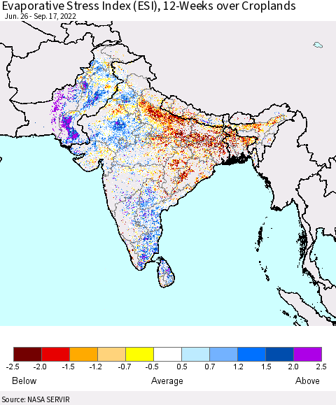 Southern Asia Evaporative Stress Index (ESI), 12-Weeks over Croplands Thematic Map For 9/12/2022 - 9/18/2022
