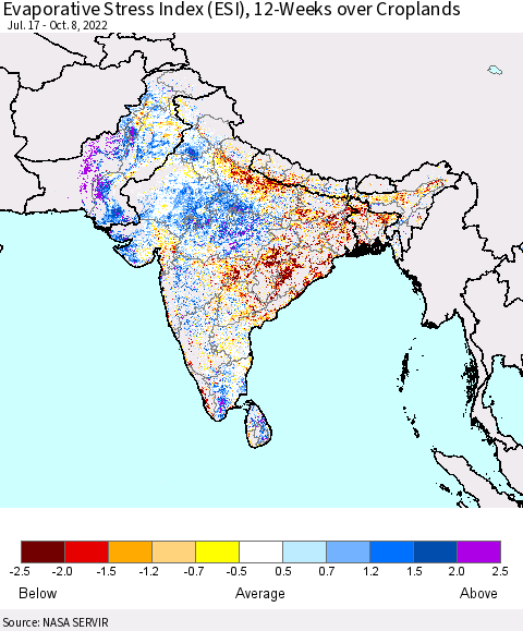Southern Asia Evaporative Stress Index (ESI), 12-Weeks over Croplands Thematic Map For 10/3/2022 - 10/9/2022
