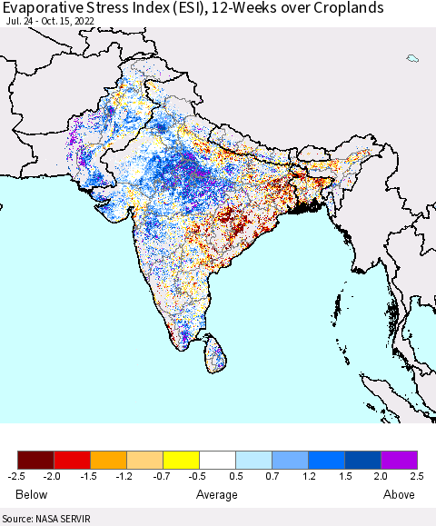Southern Asia Evaporative Stress Index (ESI), 12-Weeks over Croplands Thematic Map For 10/10/2022 - 10/16/2022