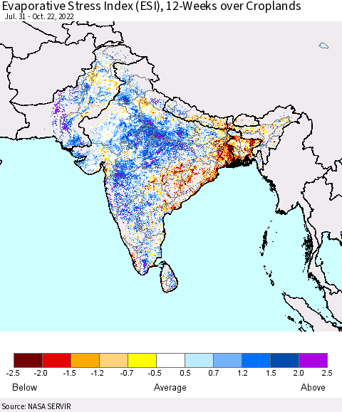 Southern Asia Evaporative Stress Index (ESI), 12-Weeks over Croplands Thematic Map For 10/17/2022 - 10/23/2022