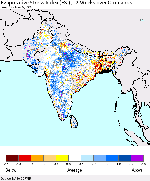 Southern Asia Evaporative Stress Index (ESI), 12-Weeks over Croplands Thematic Map For 10/31/2022 - 11/6/2022
