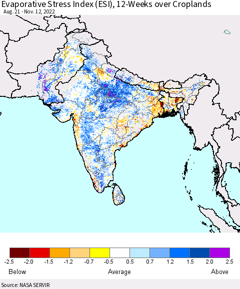 Southern Asia Evaporative Stress Index (ESI), 12-Weeks over Croplands Thematic Map For 11/7/2022 - 11/13/2022