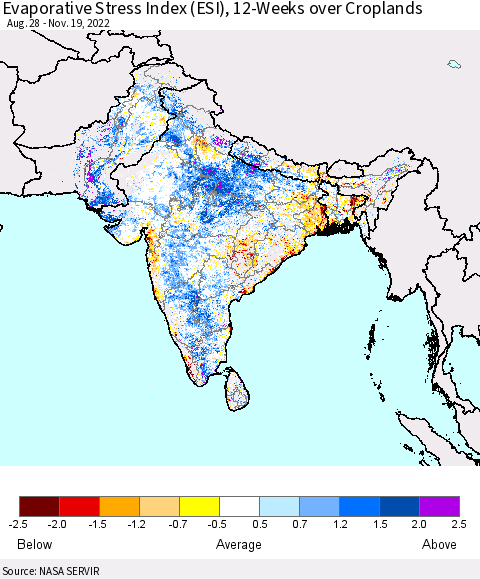 Southern Asia Evaporative Stress Index (ESI), 12-Weeks over Croplands Thematic Map For 11/14/2022 - 11/20/2022