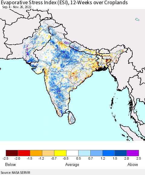 Southern Asia Evaporative Stress Index (ESI), 12-Weeks over Croplands Thematic Map For 11/21/2022 - 11/27/2022