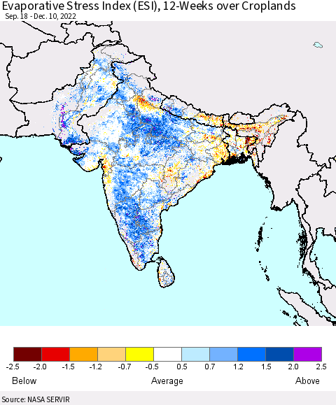 Southern Asia Evaporative Stress Index (ESI), 12-Weeks over Croplands Thematic Map For 12/5/2022 - 12/11/2022