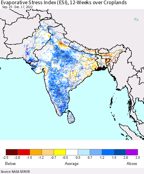 Southern Asia Evaporative Stress Index (ESI), 12-Weeks over Croplands Thematic Map For 12/12/2022 - 12/18/2022