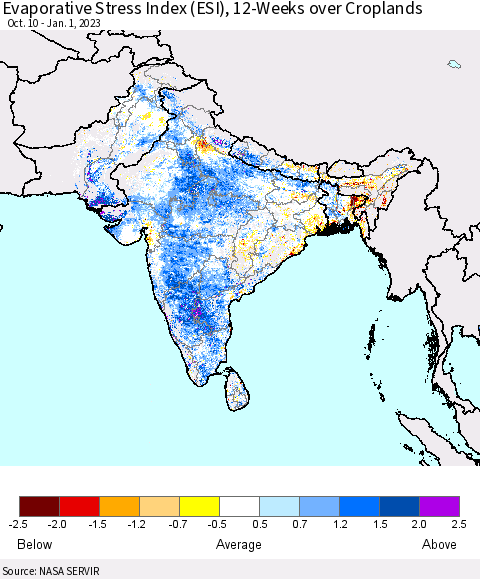 Southern Asia Evaporative Stress Index (ESI), 12-Weeks over Croplands Thematic Map For 12/26/2022 - 1/1/2023