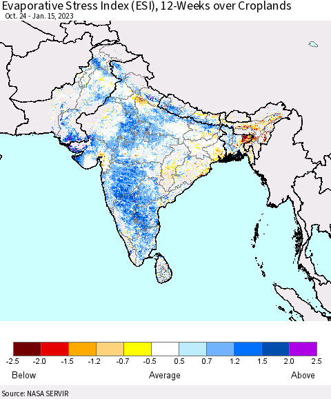 Southern Asia Evaporative Stress Index (ESI), 12-Weeks over Croplands Thematic Map For 1/9/2023 - 1/15/2023