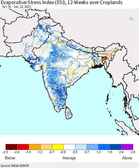 Southern Asia Evaporative Stress Index (ESI), 12-Weeks over Croplands Thematic Map For 1/16/2023 - 1/22/2023
