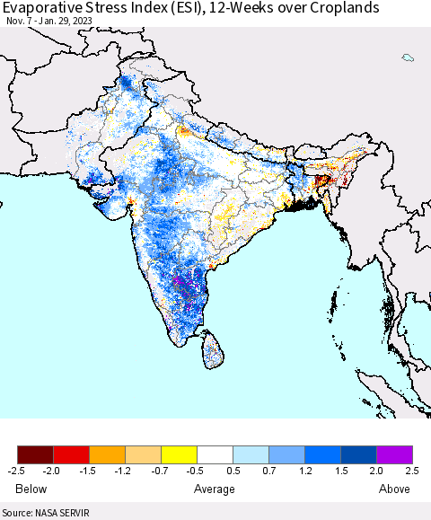 Southern Asia Evaporative Stress Index (ESI), 12-Weeks over Croplands Thematic Map For 1/23/2023 - 1/29/2023