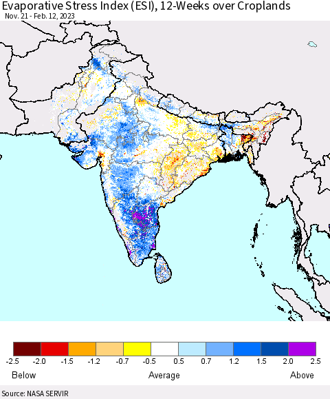 Southern Asia Evaporative Stress Index (ESI), 12-Weeks over Croplands Thematic Map For 2/6/2023 - 2/12/2023