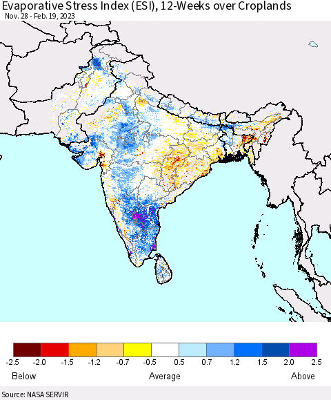 Southern Asia Evaporative Stress Index (ESI), 12-Weeks over Croplands Thematic Map For 2/13/2023 - 2/19/2023