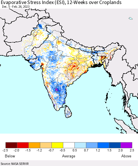 Southern Asia Evaporative Stress Index (ESI), 12-Weeks over Croplands Thematic Map For 2/20/2023 - 2/26/2023