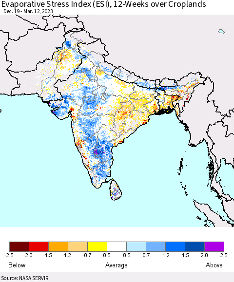 Southern Asia Evaporative Stress Index (ESI), 12-Weeks over Croplands Thematic Map For 3/6/2023 - 3/12/2023