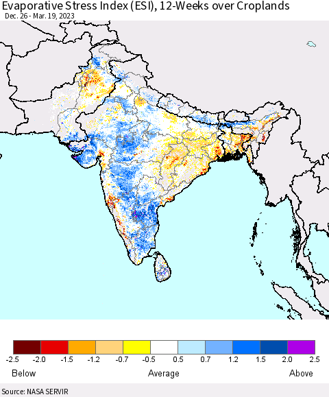 Southern Asia Evaporative Stress Index (ESI), 12-Weeks over Croplands Thematic Map For 3/13/2023 - 3/19/2023