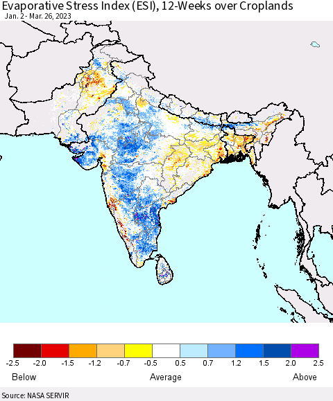 Southern Asia Evaporative Stress Index (ESI), 12-Weeks over Croplands Thematic Map For 3/20/2023 - 3/26/2023