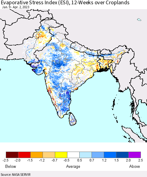 Southern Asia Evaporative Stress Index (ESI), 12-Weeks over Croplands Thematic Map For 3/27/2023 - 4/2/2023