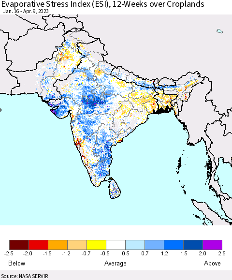 Southern Asia Evaporative Stress Index (ESI), 12-Weeks over Croplands Thematic Map For 4/3/2023 - 4/9/2023