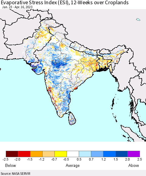 Southern Asia Evaporative Stress Index (ESI), 12-Weeks over Croplands Thematic Map For 4/10/2023 - 4/16/2023
