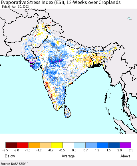 Southern Asia Evaporative Stress Index (ESI), 12-Weeks over Croplands Thematic Map For 4/24/2023 - 4/30/2023
