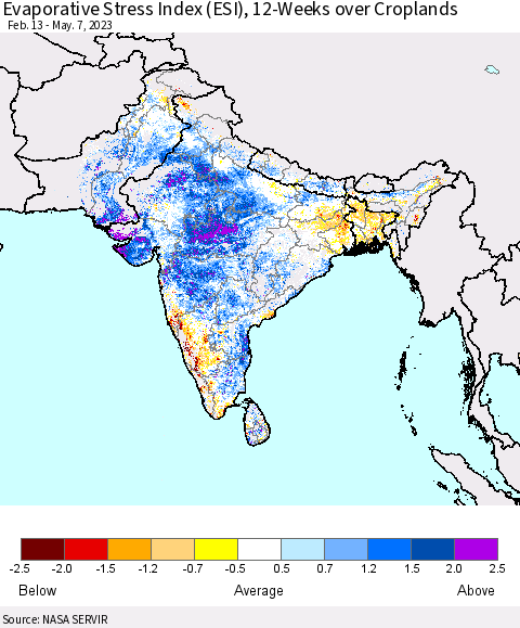 Southern Asia Evaporative Stress Index (ESI), 12-Weeks over Croplands Thematic Map For 5/1/2023 - 5/7/2023