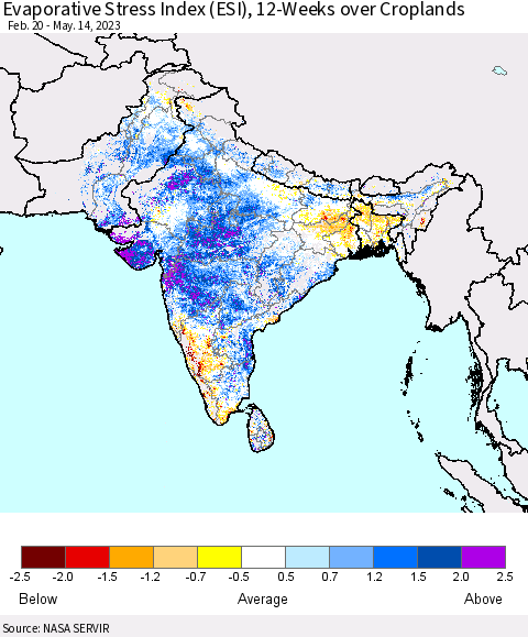 Southern Asia Evaporative Stress Index (ESI), 12-Weeks over Croplands Thematic Map For 5/8/2023 - 5/14/2023