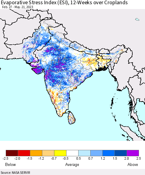 Southern Asia Evaporative Stress Index (ESI), 12-Weeks over Croplands Thematic Map For 5/15/2023 - 5/21/2023
